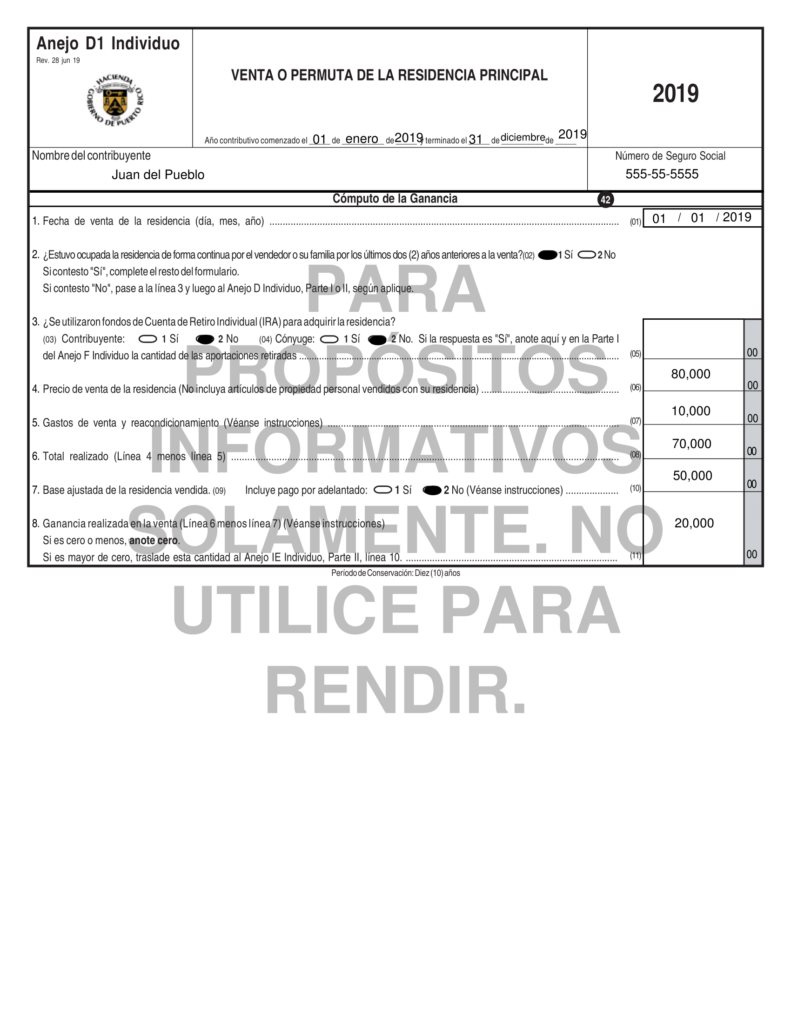 Ejemplo 1: Anejo D1 de la Planilla de Contribuciones sobre Ingresos 2019