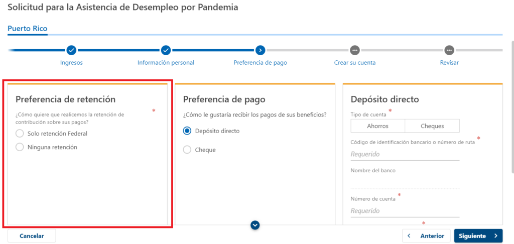 Página web de la solicitud del PUA y FPUC