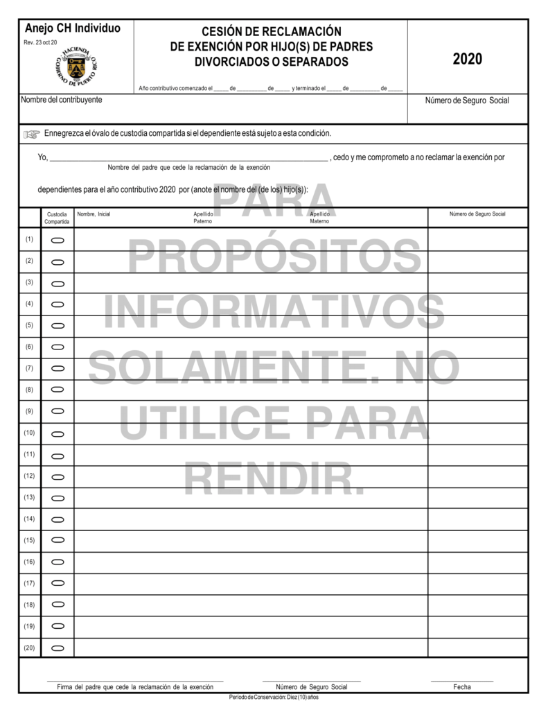 Anejo CH de la planilla de contribución sobre ingresos 2020